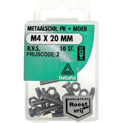 M.schroef moer pk m4x20mm rvs 10st
