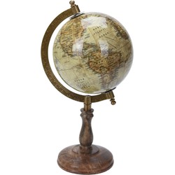 Decoratie wereldbol/globe beige op mangohouten voet 13 x 28 cm - Wereldbollen