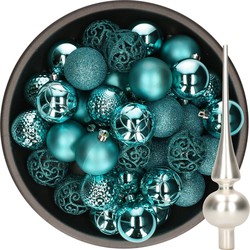 37x stuks kunststof kerstballen 6 cm turquoise incl. glazen piek mat zilver - Kerstbal