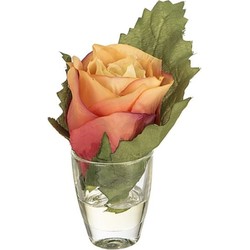 Rose avec feuille en illusion d'eau - Pêche / 14 cm