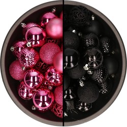 74x stuks kunststof kerstballen mix zwart en fuchsia roze 6 cm - Kerstbal