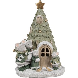 Clayre & Eef Decoratie Huis met LED Kerstboom 12x11x17 cm Groen Kunststof Muis Kerstdecoratie Beeld