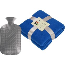 Fleece deken/plaid - blauw - 130 x 170 cm - kruik - 2 liter - Plaids