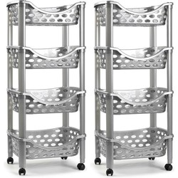 Set van 2x keukentrolley/roltafel 4 laags kunststof zilver 40 x 88 cm - Opberg trolley