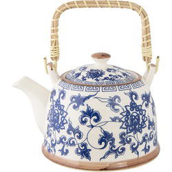 Clayre & Eef Theepot met Filter  700 ml Blauw Keramiek Rond Bloemen Theekan