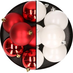 12x stuks kunststof kerstballen 8 cm mix van wit en rood - Kerstbal