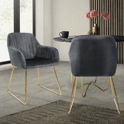 Eetkamerstoel set van 2 met rugleuning en armleuningen Grijze keukenstoel met microvezel fluwelen bekleding & goudkleurige metalen poten ML design
