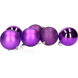 6x stuks kerstballen paars mix van mat/glans/glitter kunststof 8 cm - Kerstbal