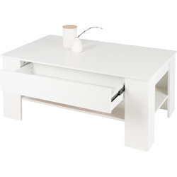 ML-Design salontafel wit, 110x65x48 cm, met lade en legplank, gemaakt van spaanplaat met melamine coating