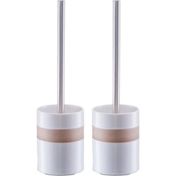 2x stuks WC/Toiletborstel in houder keramiek - wit met beige band - 9 x 33 cm - Toiletborstels