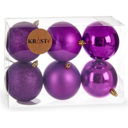 Krist+ kerstballen - 6x st - paars - kunststof - 8 cm - Kerstbal