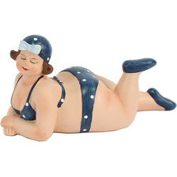 Home decoratie beeldje dikke dame liggend - blauw badpak - 14 cm - Beeldjes
