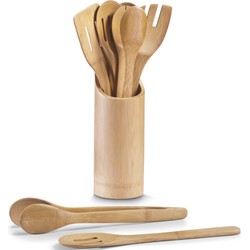 Zeller Kookgerei van bamboe hout - 7-delig - in houder - 9 x 33 cm - Keukengerei