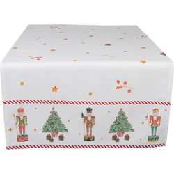 Clayre & Eef Tafelloper Kerst  50x140 cm Wit Rood Katoen Rechthoek Notenkrakers Tafelkleed