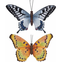 Vlinders - 2x - metaal - geel/paars/grijsblauw - 35 x 24 cm - Tuinbeelden