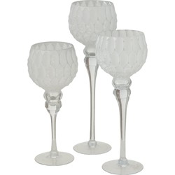 Luxe glazen design kaarsenhouders/windlichten set van 3x stuks zilver/wit 30-40 cm - Waxinelichtjeshouders