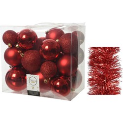 Kerstversiering kunststof kerstballen 6-8-10 cm met folieslingers pakket rood van 28x stuks - Kerstbal