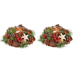 Set van 2 complete kerststukjes kransen met theelichthouder en decoratie 17 cm - Kerststukjes