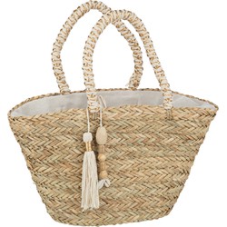 J-line - Strandtas Kwast+houten Kralen Zeegras Nat/creme - 58x18x28cm