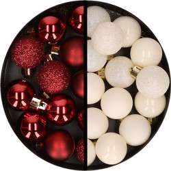 34x stuks kunststof kerstballen donkerrood en wolwit 3 cm - Kerstbal