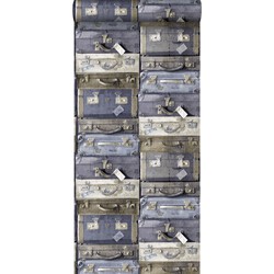 ESTAhome behang vintage koffers blauw en bruin