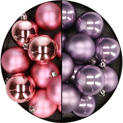 Kunststof kerstballen 6 cm - 24x stuks - roze en lila paars - Kerstbal