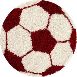 Outlet - Fun Voetbal Kinderkamer Rond Vloerkleed Hoogpolig Rood Wit - 100CM ROND- 100 CM ROND