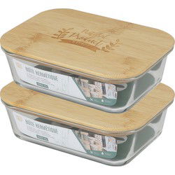 Bambou & Co Voedsel bewaarbakje/vershoudbakje - 2x - bamboe deksel - 1000 ml - ovenbestendig glas - Vershoudbakjes