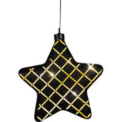 Kersthanger ster glas gouden binnenkant met diamant patroon 10led warm wit op batterij met timer 19 cm mat zwart