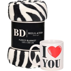 Valentijn cadeau set - Fleece plaid/deken zebra print met I love you mok - Plaids