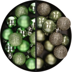 28x stuks kleine kunststof kerstballen groen en leger groen 3 cm - Kerstbal