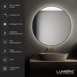 Lumoire Badkamerspiegel met Verlichting - Neon - 120CM Rond - Anti Condens Verwarming - Mat Zwart