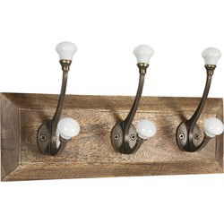 Clayre & Eef Wandkapstok 3 haken  30x8x10 cm Bruin Wit Hout Ijzer Rechthoek