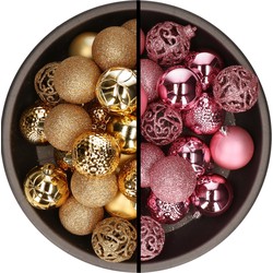 Kunststof kerstballen 74x stuks goud en roze 6 cm - Kerstbal