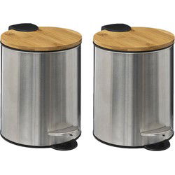 5Five Pedaalemmer - 2x - zilver - bamboe/metaal - 3L - 23 cm - Pedaalemmers
