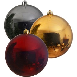 Kerstversieringen set van 6x grote kunststof kerstballen goud-zilver-rood 14 cm glans - Kerstbal