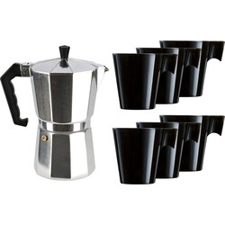 Percolator/espresso apparaat zilver met 6x zwarte kopjes/mokken - Koffiezetapparaten