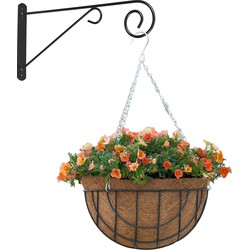 Hanging basket met muurhaak sierkrul grijs en kokos inlegvel - metaal - complete hanging basket set - Plantenbakken