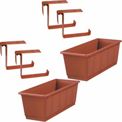 Set van 4 kunststof plantenbakken terracotta rechthoekig 40 cm met 8 verstelbare railingbeugels - Plantenbakken