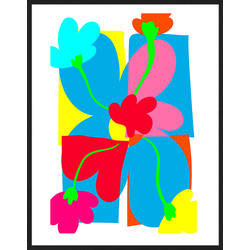 Any Image Print 'Fluo Abstract Flowers' - Schilderij - Wanddecoratie - Inclusief beukenhouten lijst - Poster - 73x93cm - Zwarte lijst met Passe Partout