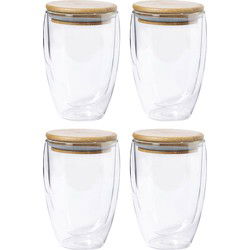 Thermische koffieglazen/theeglazen dubbelwandig - 4x - met bamboe deksel - 350 ml - Koffie- en theeglazen