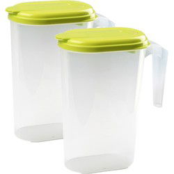 2x stuks waterkan/sapkan transparant/groen met deksel 1.6 liter kunststof - Schenkkannen