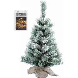 Kunst kerstboom met sneeuw 35 cm in jute zak inclusief 20 warm witte lampjes - Kunstkerstboom