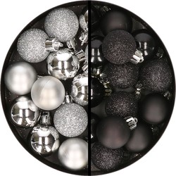 34x stuks kunststof kerstballen zilver en zwart 3 cm - Kerstbal