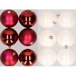 12x stuks kunststof kerstballen mix van donkerrood en winter wit 8 cm - Kerstbal