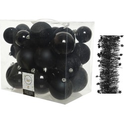 Kerstversiering kunststof kerstballen 6-8-10 cm met sterren folieslingers pakket zwart van 28x stuks - Kerstbal