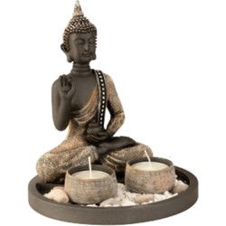 Boeddha beeldje - kaarshouders - schaal - goud/grijs - 18 x 21 cm - Beeldjes