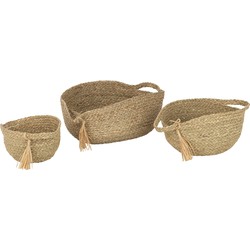 J-line - Set Van 3 Mand Rond Met Handvat+ Kwast Gras Naturel - 33x40x17cm