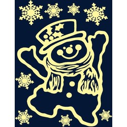 Kerst decoratie stickers sneeuwpop glow in the dark plaatjes 29,5 x 40 cm - Feeststickers