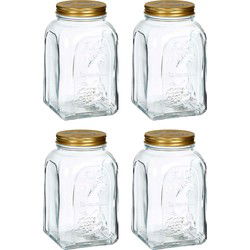 Pasabahce Voorraadpot/bewaarpot Square - 4x - glas - 1,5L - transparant/goud - D10 x H19 cm - voedsel bewaren - Voorraadpot